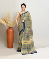 Cream-Blue Pure Bagru Pashmina Kalamkari Printed Sico Chanderi Saree